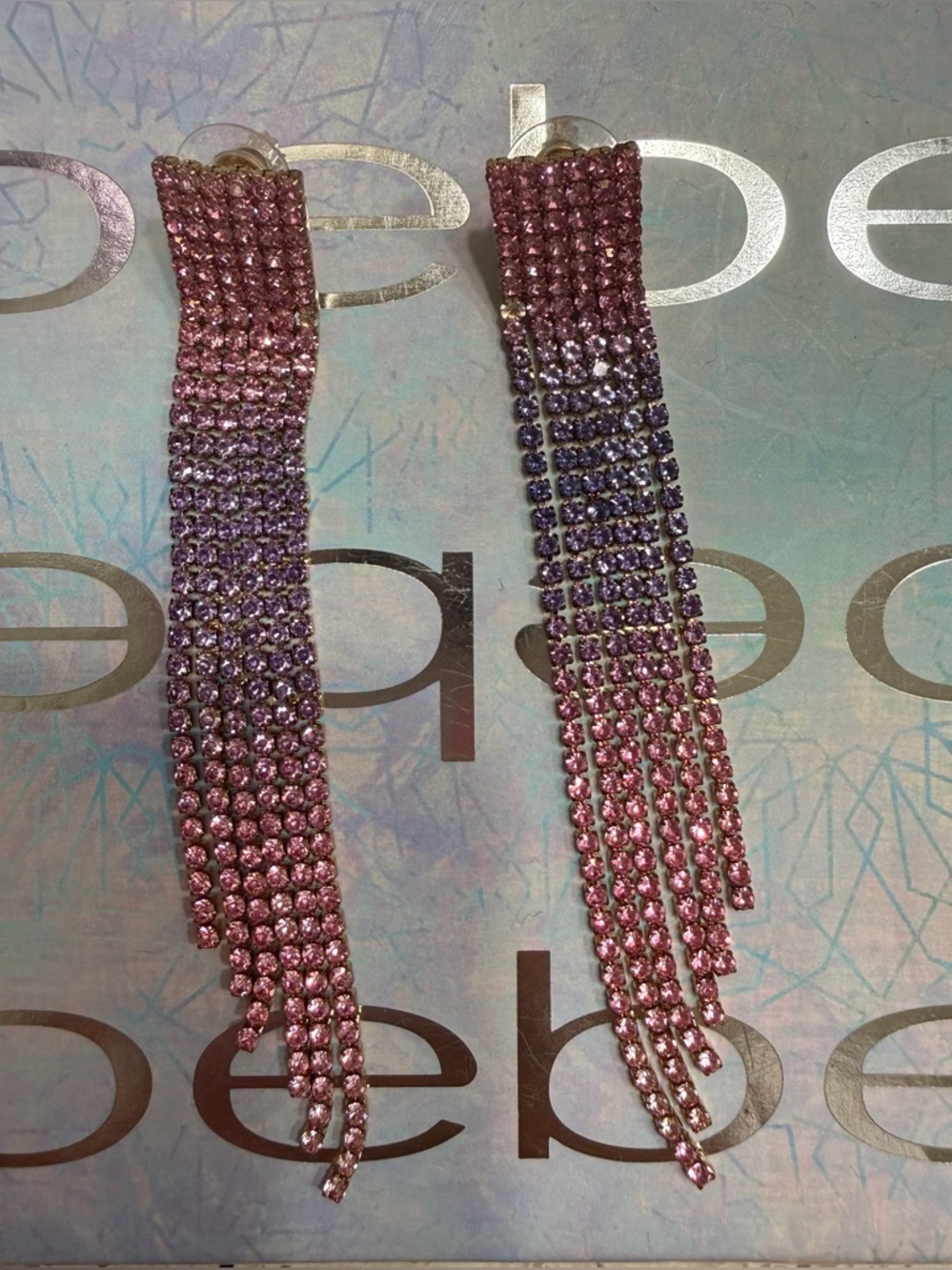 Long Pink to Purple BEBE Rhinestone Fringe Earrings